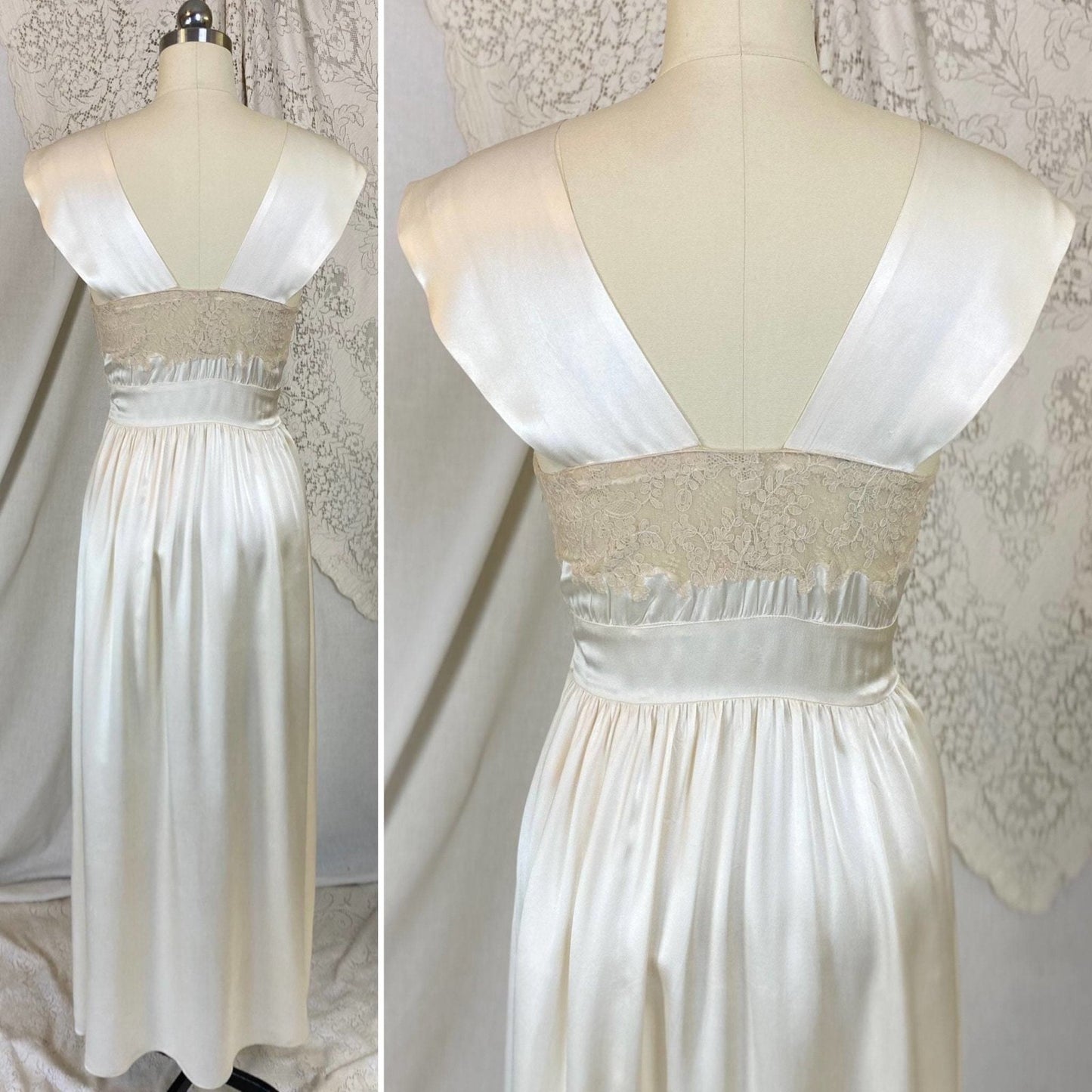 Vintage 1940's Nightgown | Ivory Silk with Nude Floral Lace | Size XS, S | Saks Fifth Avenue - Daggers & Dames