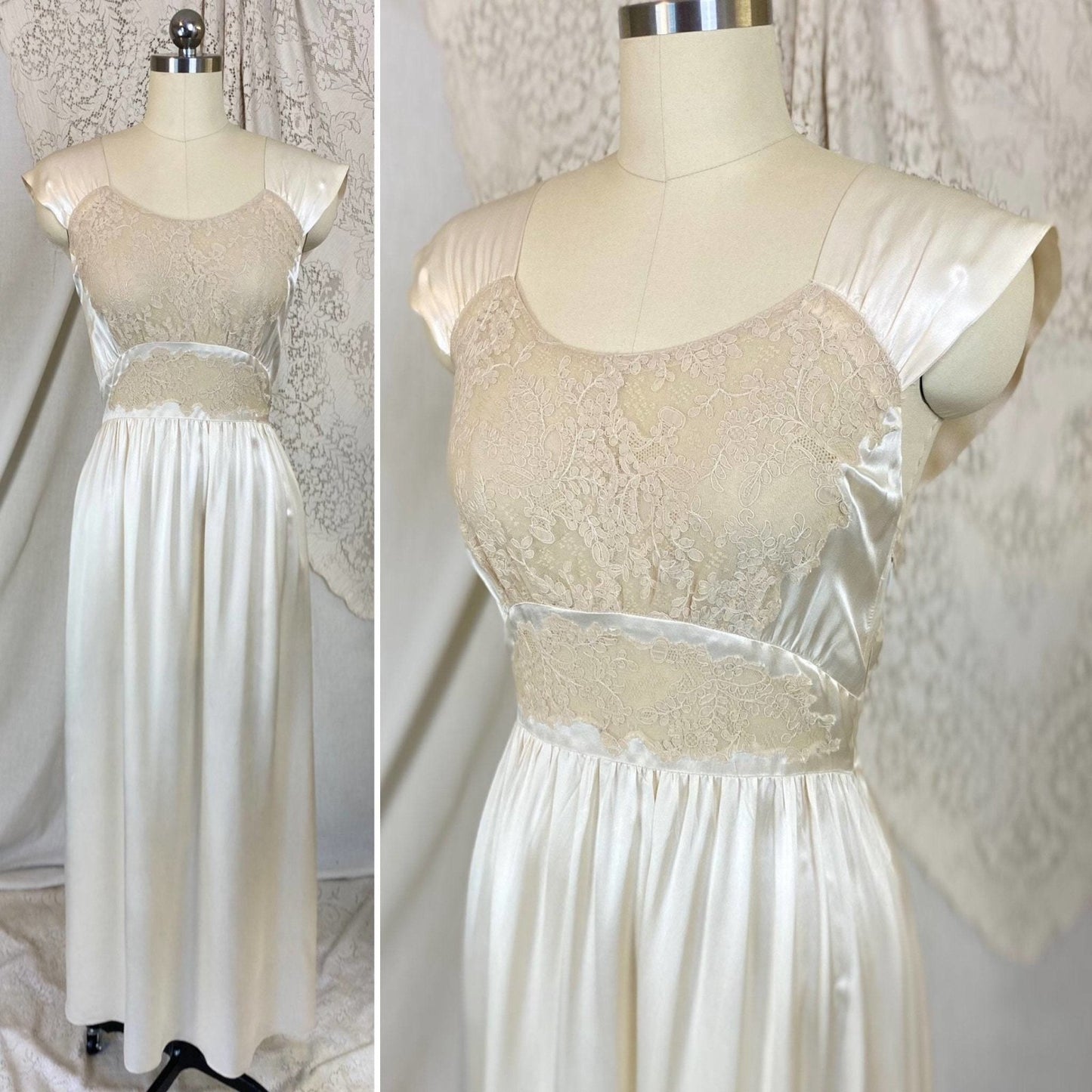 Vintage 1940's Nightgown | Ivory Silk with Nude Floral Lace | Size XS, S | Saks Fifth Avenue - Daggers & Dames
