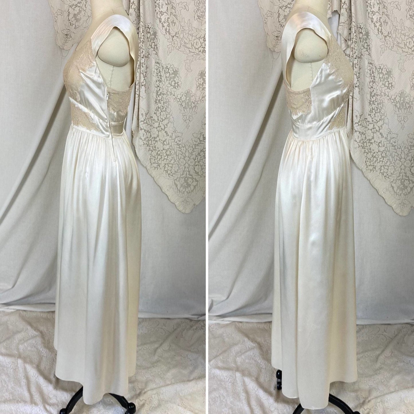 Vintage 1940's Nightgown | Ivory Silk with Nude Floral Lace | Size XS, S | Saks Fifth Avenue - Daggers & Dames