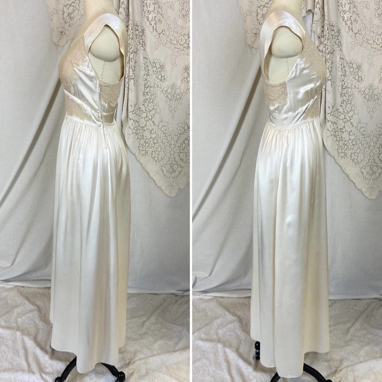 Vintage 1940's Nightgown | Ivory Silk with Nude Floral Lace | Size XS, S | Saks Fifth Avenue - Daggers & Dames