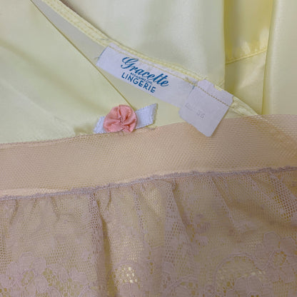 Vintage 1940's Nightgown | Lemonade Yellow Rayon Satin with Nude Lace & Pink Rosettes | Size M | Gracette -Never Worn - Daggers & Dames