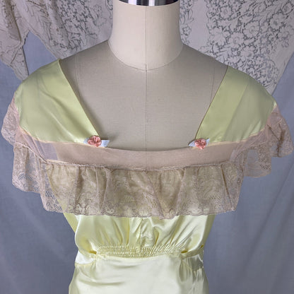 Vintage 1940's Nightgown | Lemonade Yellow Rayon Satin with Nude Lace & Pink Rosettes | Size M | Gracette -Never Worn - Daggers & Dames