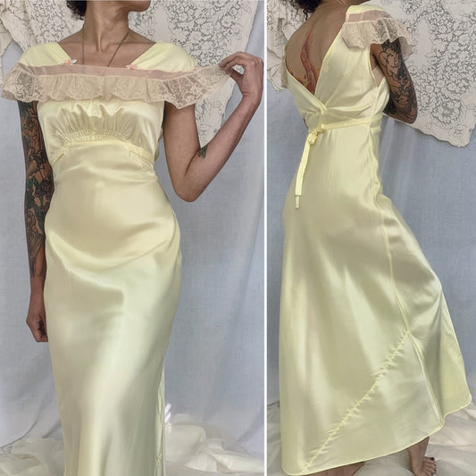 Vintage 1940's Nightgown | Lemonade Yellow Rayon Satin with Nude Lace & Pink Rosettes | Size M | Gracette -Never Worn - Daggers & Dames