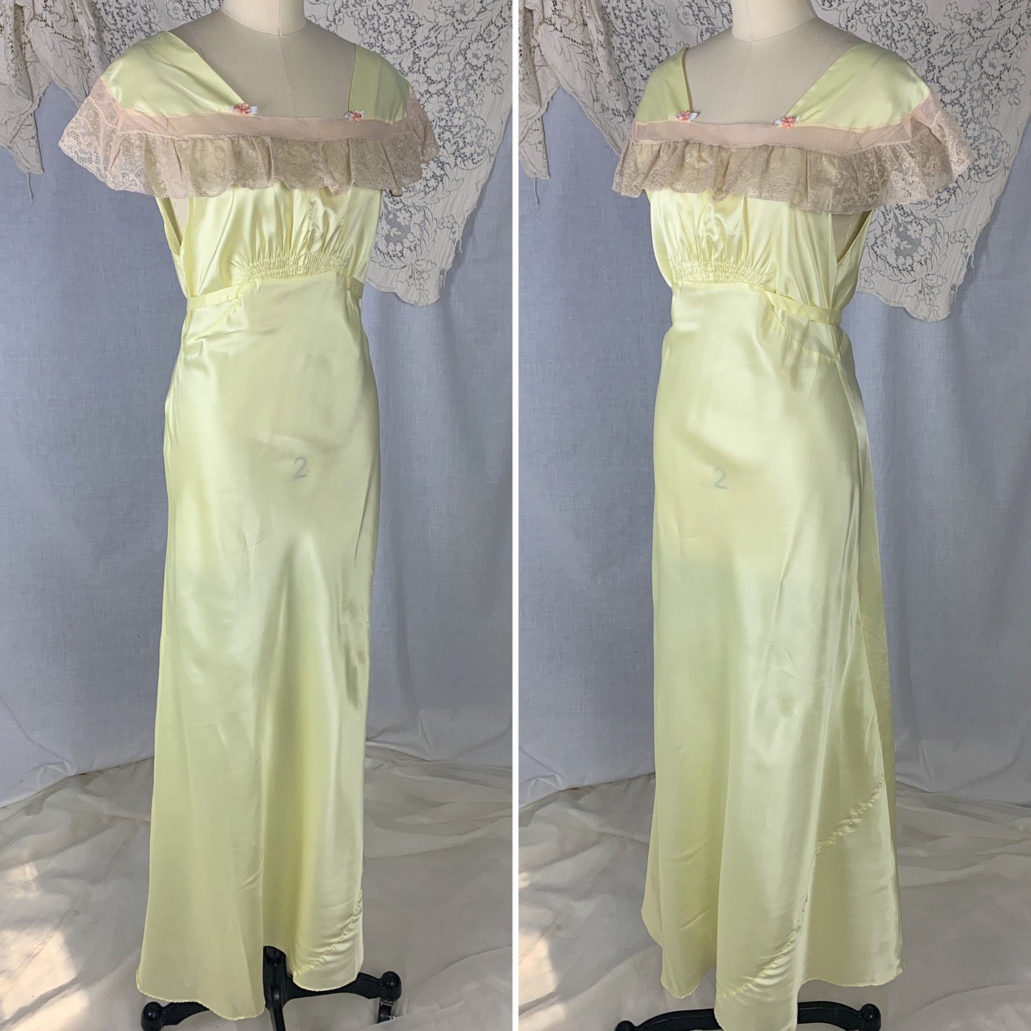 Vintage 1940's Nightgown | Lemonade Yellow Rayon Satin with Nude Lace & Pink Rosettes | Size M | Gracette -Never Worn - Daggers & Dames