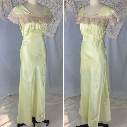 Vintage 1940's Nightgown | Lemonade Yellow Rayon Satin with Nude Lace & Pink Rosettes | Size M | Gracette -Never Worn - Daggers & Dames