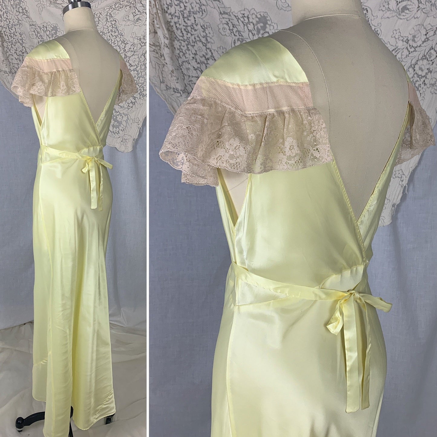Vintage 1940's Nightgown | Lemonade Yellow Rayon Satin with Nude Lace & Pink Rosettes | Size M | Gracette -Never Worn - Daggers & Dames