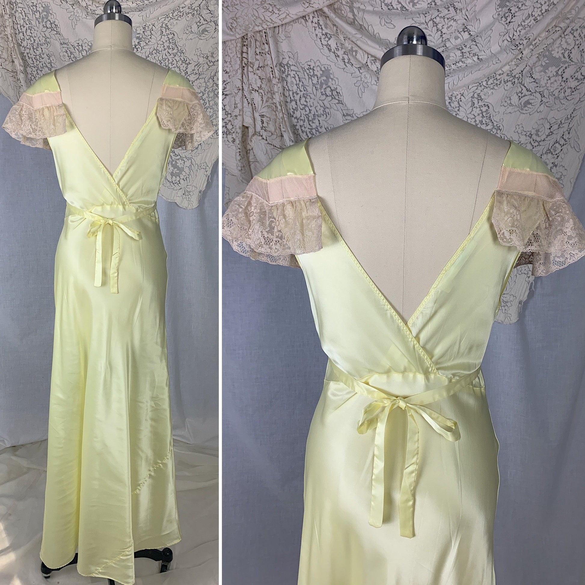 Vintage 1940's Nightgown | Lemonade Yellow Rayon Satin with Nude Lace & Pink Rosettes | Size M | Gracette -Never Worn - Daggers & Dames