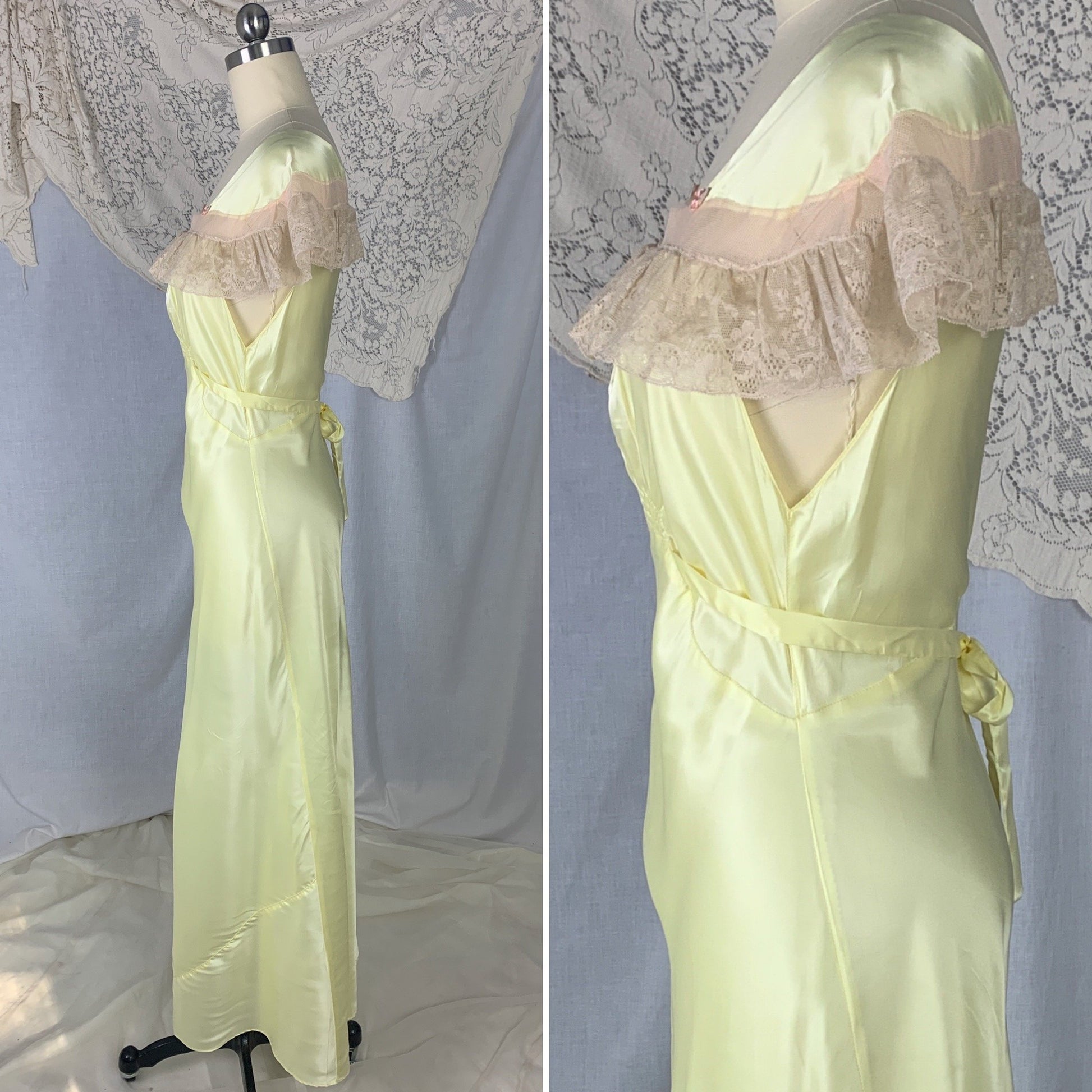 Vintage 1940's Nightgown | Lemonade Yellow Rayon Satin with Nude Lace & Pink Rosettes | Size M | Gracette -Never Worn - Daggers & Dames