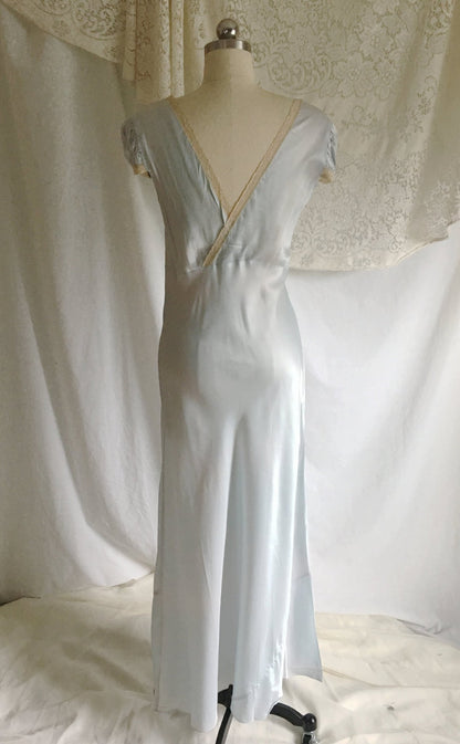 Vintage 1940's Nightgown | Light Baby Blue Rayon Satin with Ecru Lace & Bias Cut | New Old Stock | Size M - Daggers & Dames