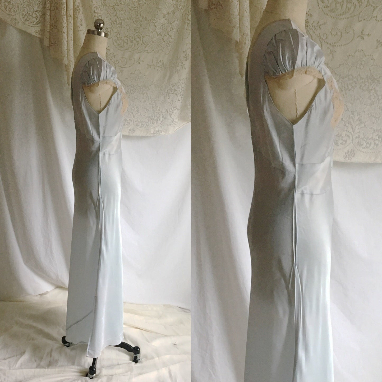 Vintage 1940's Nightgown | Light Baby Blue Rayon Satin with Ecru Lace & Bias Cut | New Old Stock | Size M - Daggers & Dames