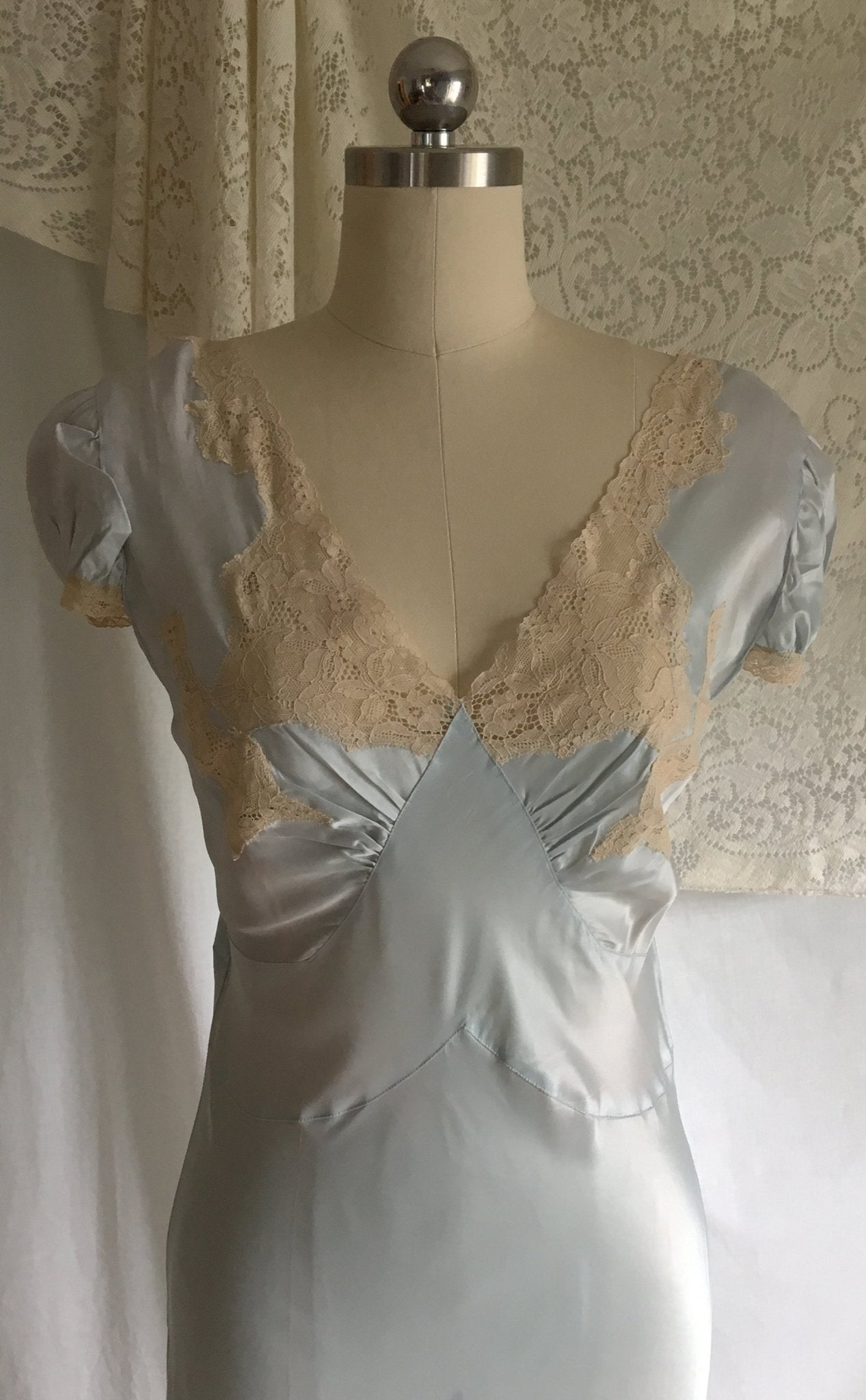 Vintage 1940's Nightgown | Light Baby Blue Rayon Satin with Ecru Lace & Bias Cut | New Old Stock | Size M - Daggers & Dames