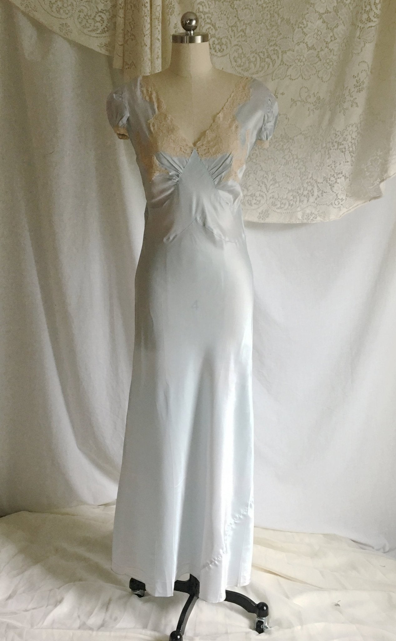 Vintage 1940's Nightgown | Light Baby Blue Rayon Satin with Ecru Lace & Bias Cut | New Old Stock | Size M - Daggers & Dames