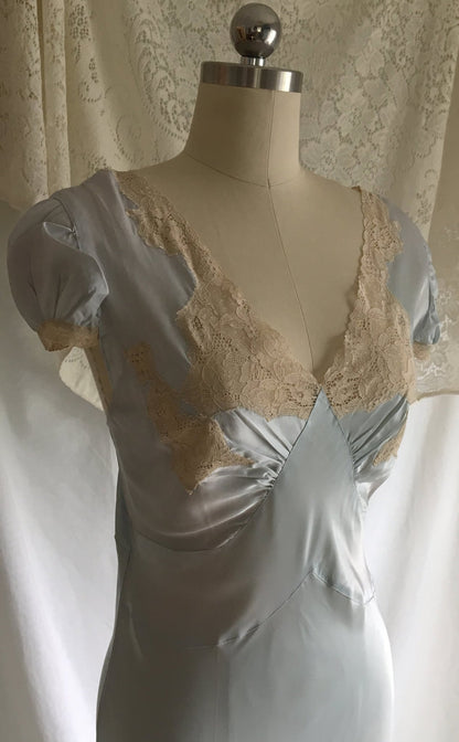 Vintage 1940's Nightgown | Light Baby Blue Rayon Satin with Ecru Lace & Bias Cut | New Old Stock | Size M - Daggers & Dames