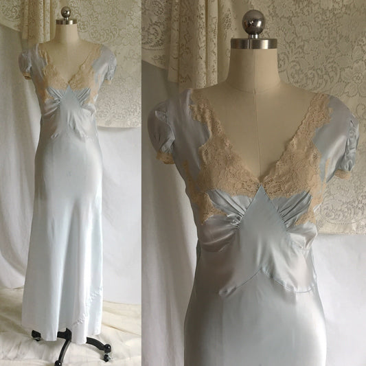 Vintage 1940's Nightgown | Light Baby Blue Rayon Satin with Ecru Lace & Bias Cut | New Old Stock | Size M - Daggers & Dames