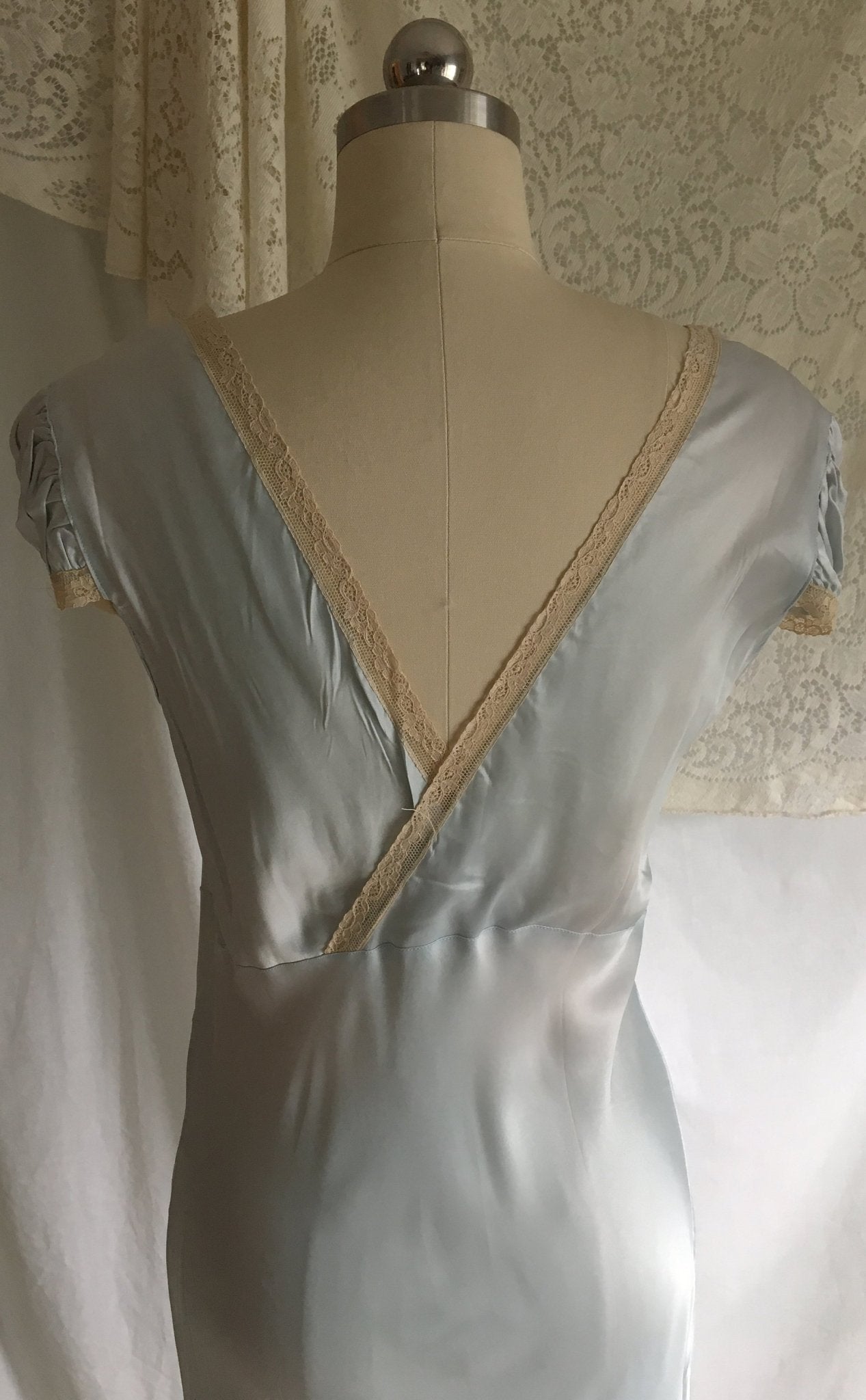 Vintage 1940's Nightgown | Light Baby Blue Rayon Satin with Ecru Lace & Bias Cut | New Old Stock | Size M - Daggers & Dames
