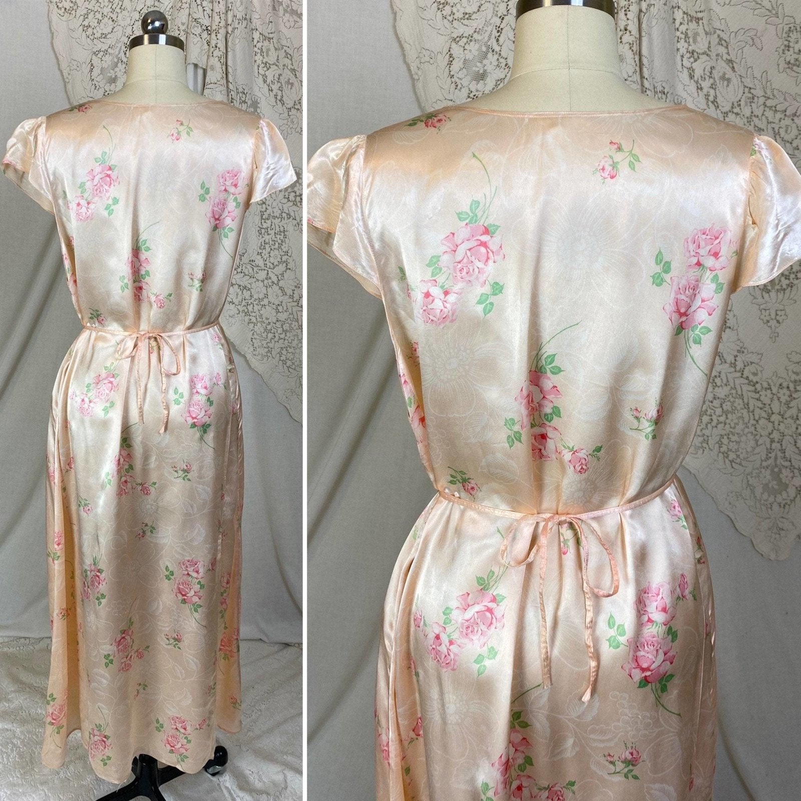 Vintage 1940's Nightgown | Light Peachy Pink Rayon Satin with Rose Floral Print | Size LG, XL - Daggers & Dames