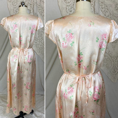 Vintage 1940's Nightgown | Light Peachy Pink Rayon Satin with Rose Floral Print | Size LG, XL - Daggers & Dames