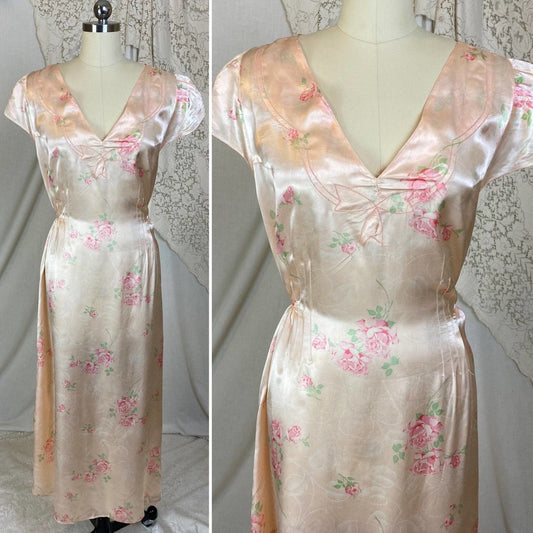 Vintage 1940's Nightgown | Light Peachy Pink Rayon Satin with Rose Floral Print | Size LG, XL - Daggers & Dames