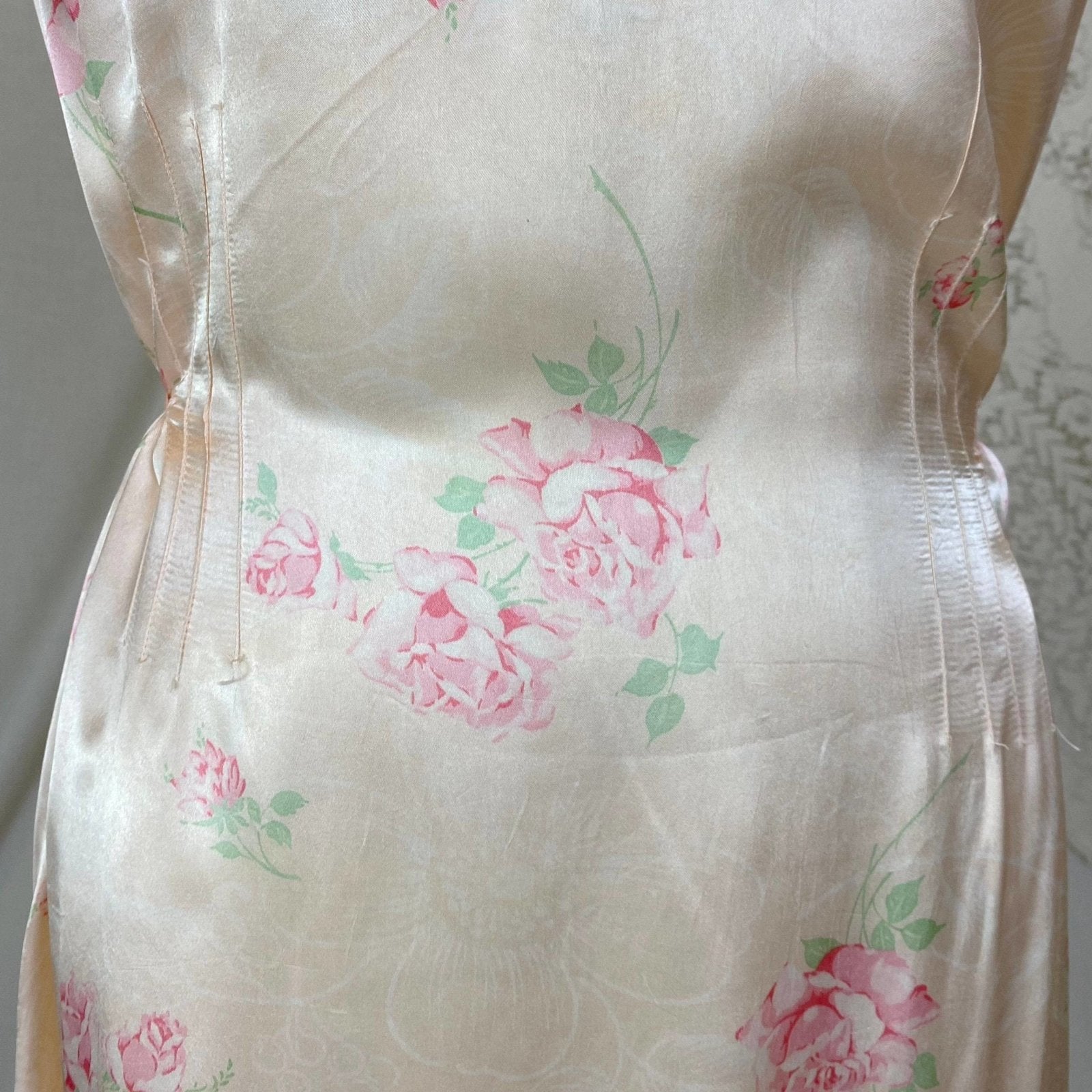 Vintage 1940's Nightgown | Light Peachy Pink Rayon Satin with Rose Floral Print | Size LG, XL - Daggers & Dames