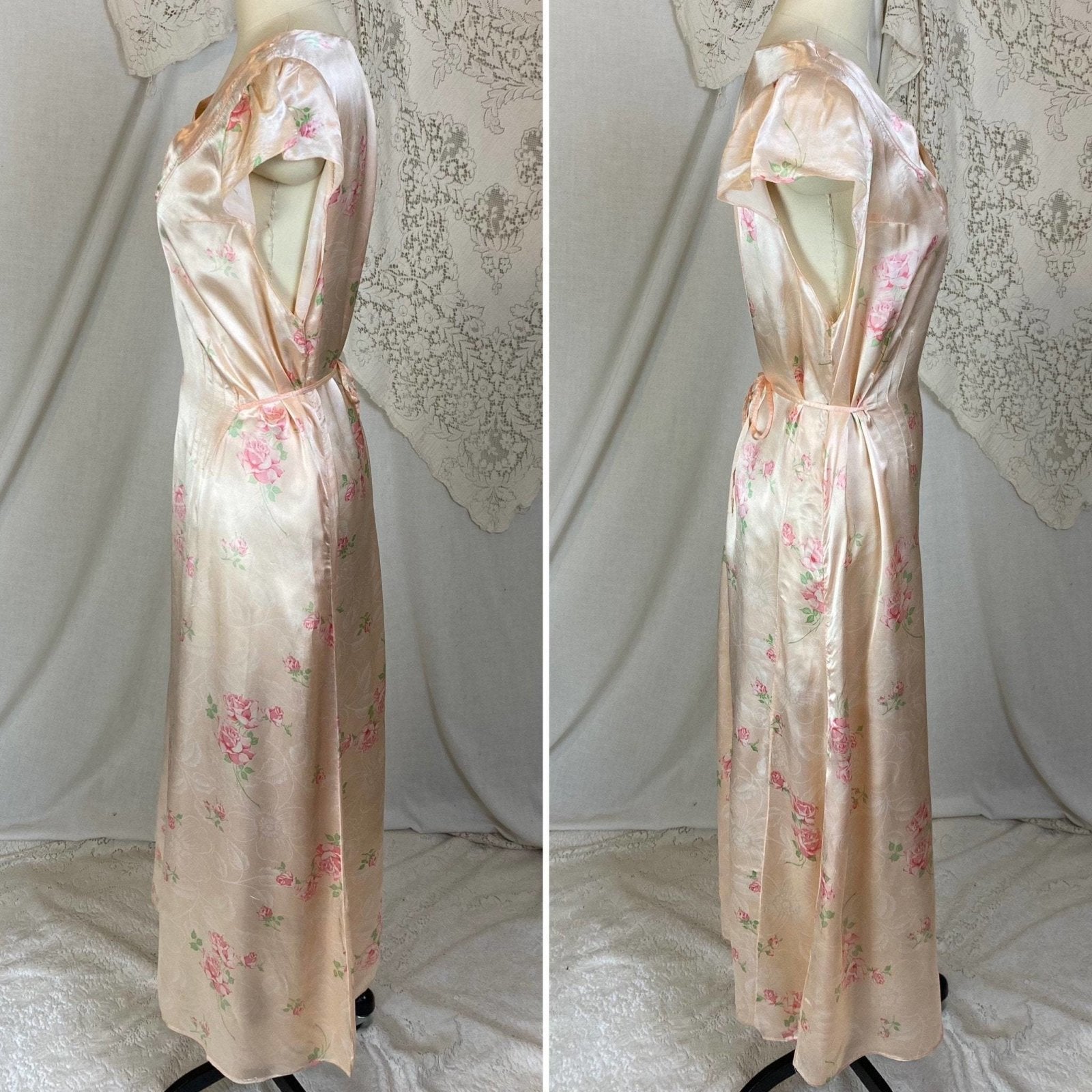 Vintage 1940's Nightgown | Light Peachy Pink Rayon Satin with Rose Floral Print | Size LG, XL - Daggers & Dames