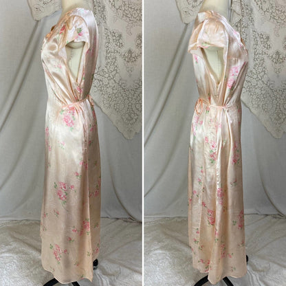 Vintage 1940's Nightgown | Light Peachy Pink Rayon Satin with Rose Floral Print | Size LG, XL - Daggers & Dames