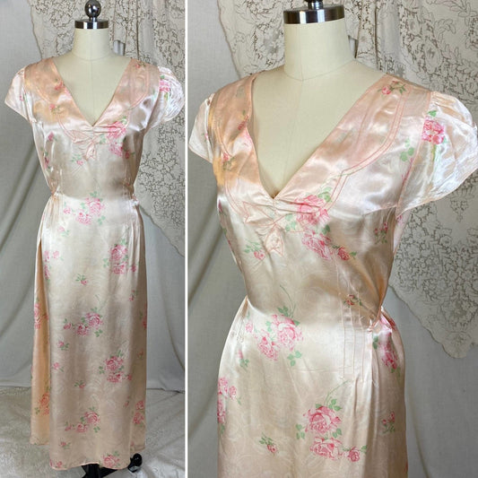 Vintage 1940's Nightgown | Light Peachy Pink Rayon Satin with Rose Floral Print | Size LG, XL - Daggers & Dames