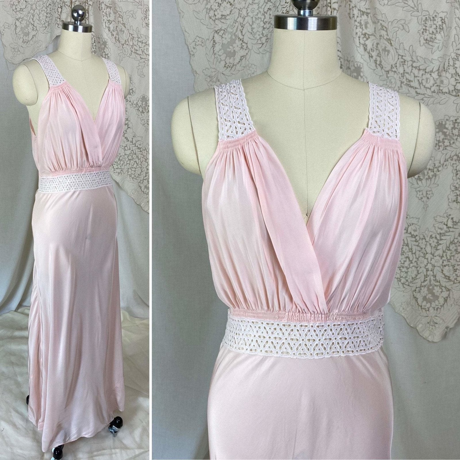 Vintage 1940's Nightgown | Light Petal Pink Rayon with White Eyelet Lace | Size M, LG | Biastex - Daggers & Dames