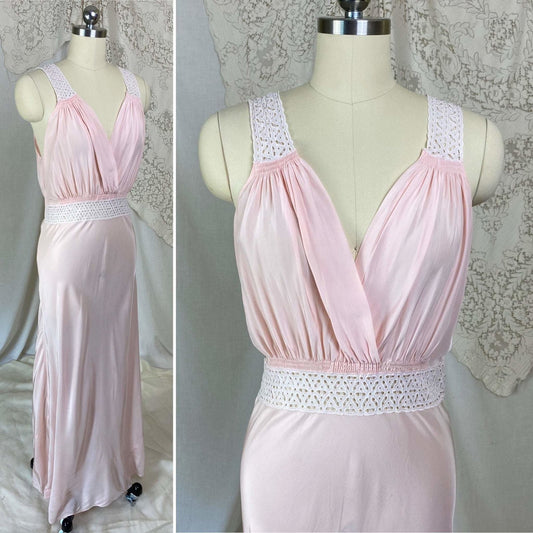 Vintage 1940's Nightgown | Light Petal Pink Rayon with White Eyelet Lace | Size M, LG | Biastex - Daggers & Dames