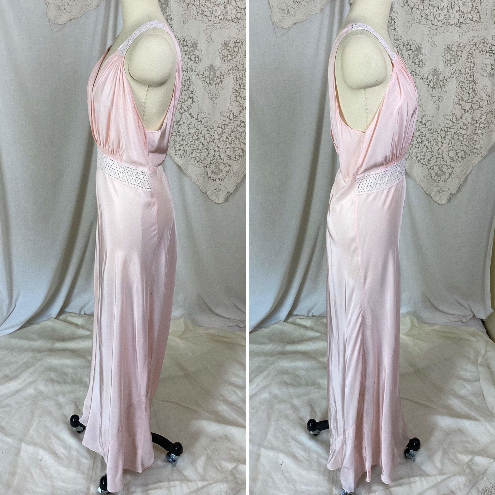 Vintage 1940's Nightgown | Light Petal Pink Rayon with White Eyelet Lace | Size M, LG | Biastex - Daggers & Dames