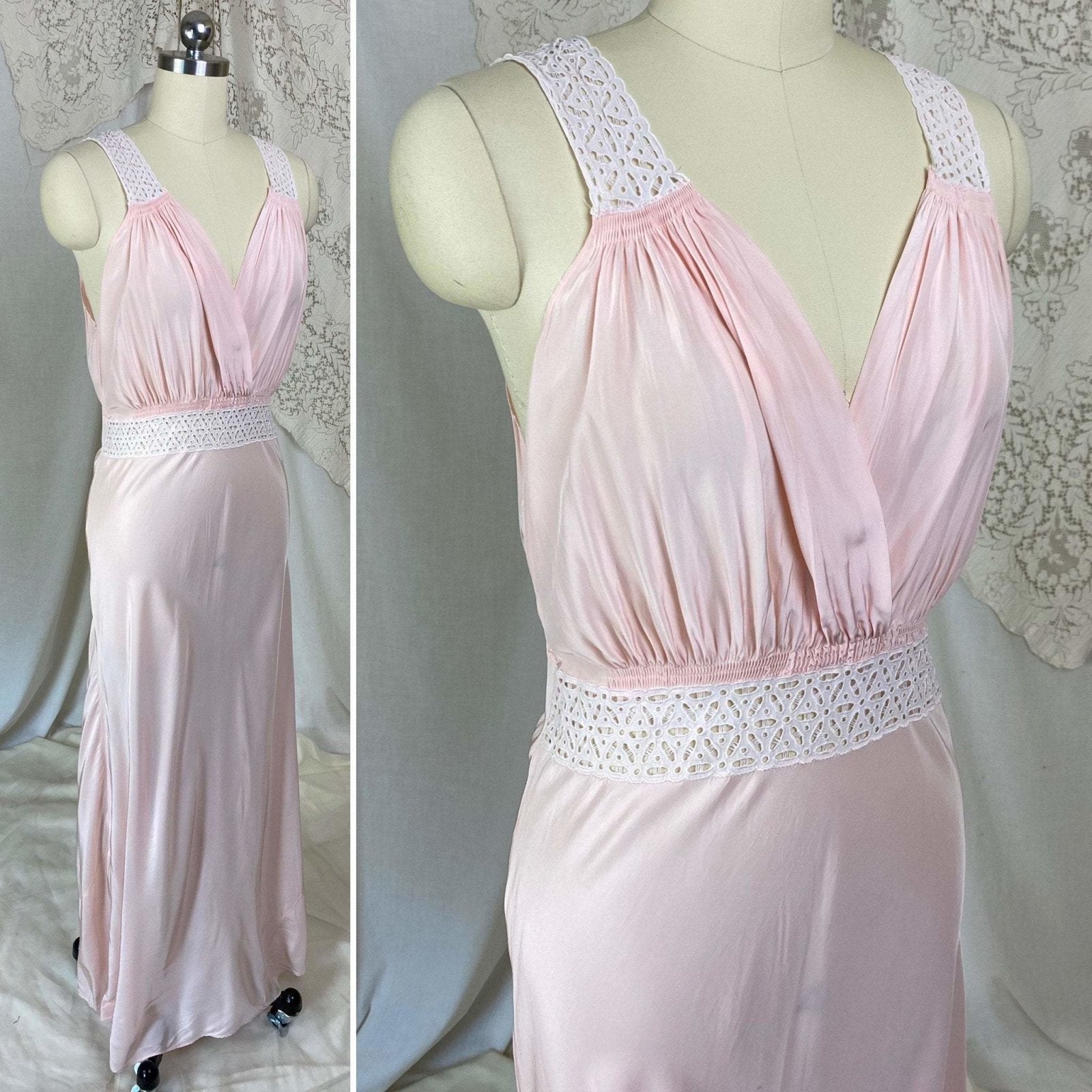 Vintage 1940's Nightgown | Light Petal Pink Rayon with White Eyelet Lace | Size M, LG | Biastex - Daggers & Dames