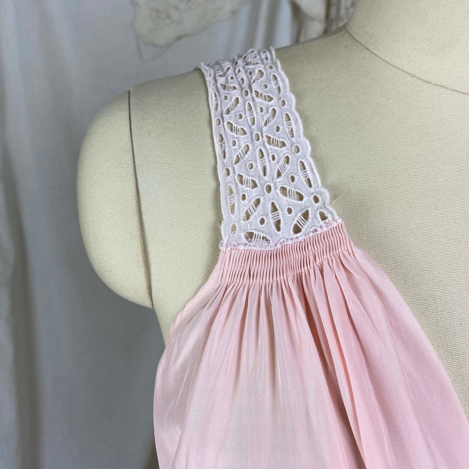 Vintage 1940's Nightgown | Light Petal Pink Rayon with White Eyelet Lace | Size M, LG | Biastex - Daggers & Dames