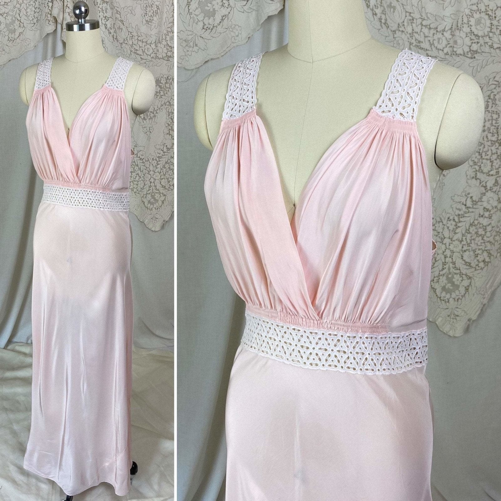 Vintage 1940's Nightgown | Light Petal Pink Rayon with White Eyelet Lace | Size M, LG | Biastex - Daggers & Dames