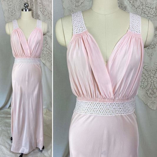Vintage 1940's Nightgown | Light Petal Pink Rayon with White Eyelet Lace | Size M, LG | Biastex - Daggers & Dames