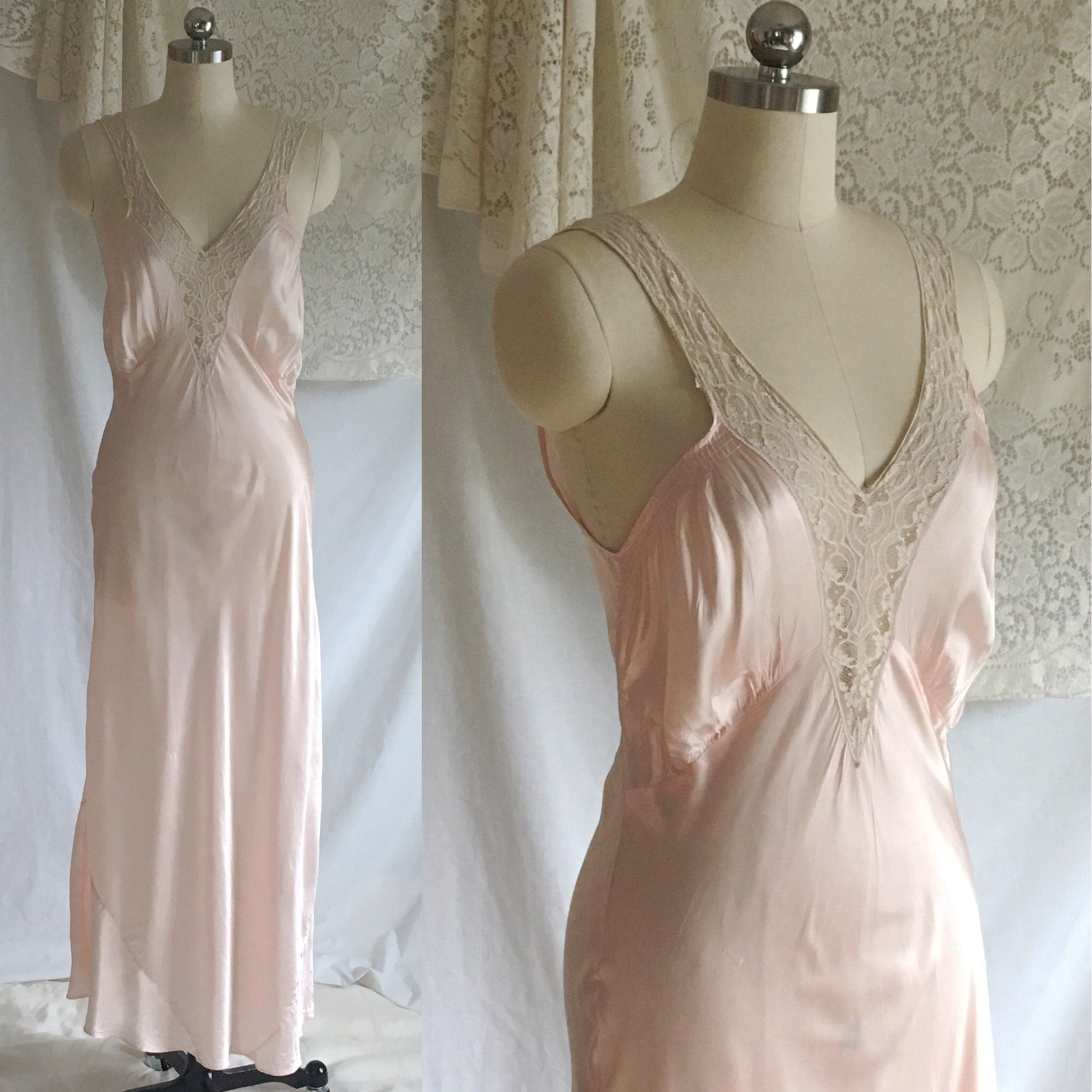 Vintage 1940's Nightgown | Light Pink Rayon Satin with Bias Cut and Lace | Artemis | Size S - Daggers & Dames