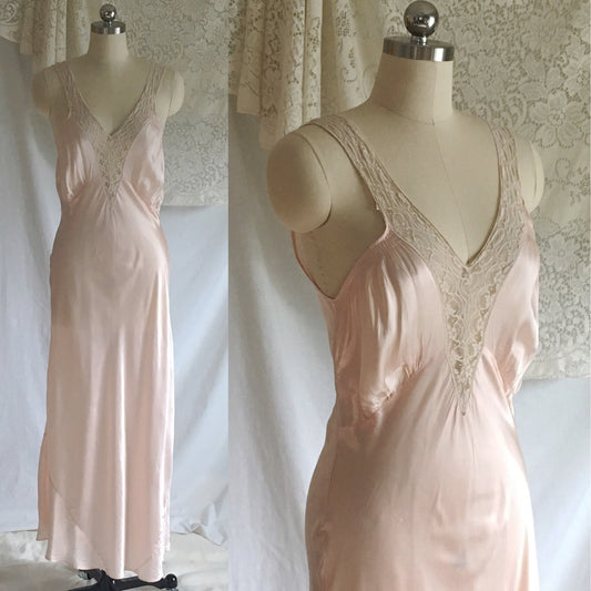 Vintage 1940's Nightgown | Light Pink Rayon Satin with Bias Cut and Lace | Artemis | Size S - Daggers & Dames