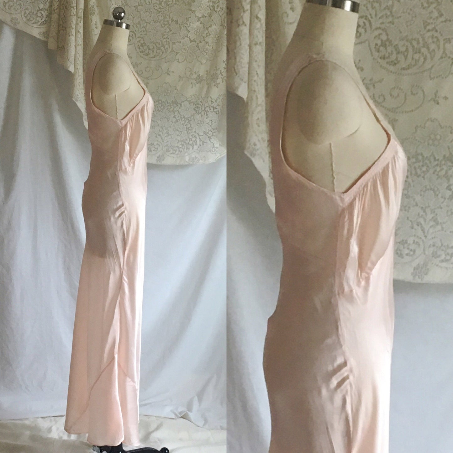 Vintage 1940's Nightgown | Light Pink Rayon Satin with Bias Cut and Lace | Artemis | Size S - Daggers & Dames