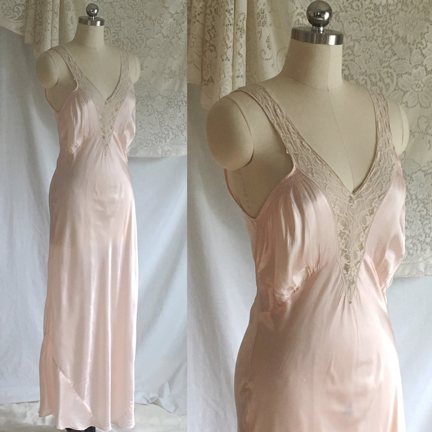 Vintage 1940's Nightgown | Light Pink Rayon Satin with Bias Cut and Lace | Artemis | Size S - Daggers & Dames