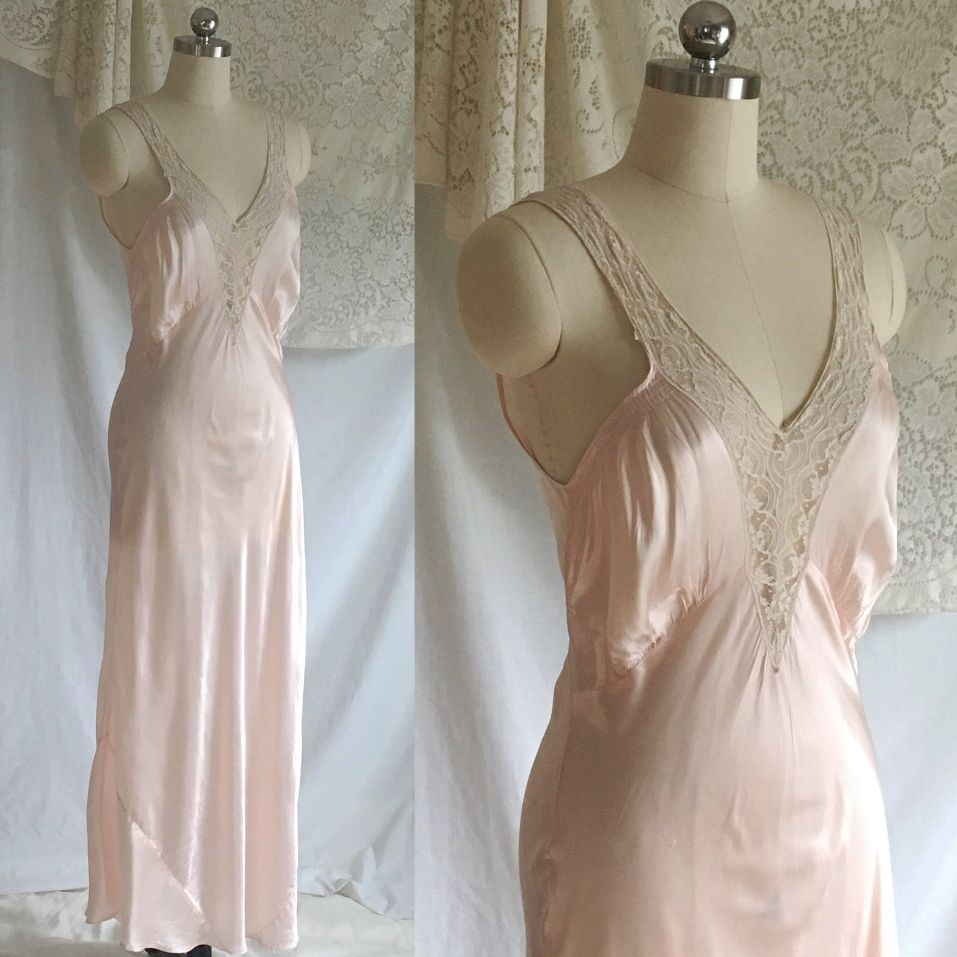 Vintage 1940's Nightgown | Light Pink Rayon Satin with Bias Cut and Lace | Artemis | Size S - Daggers & Dames