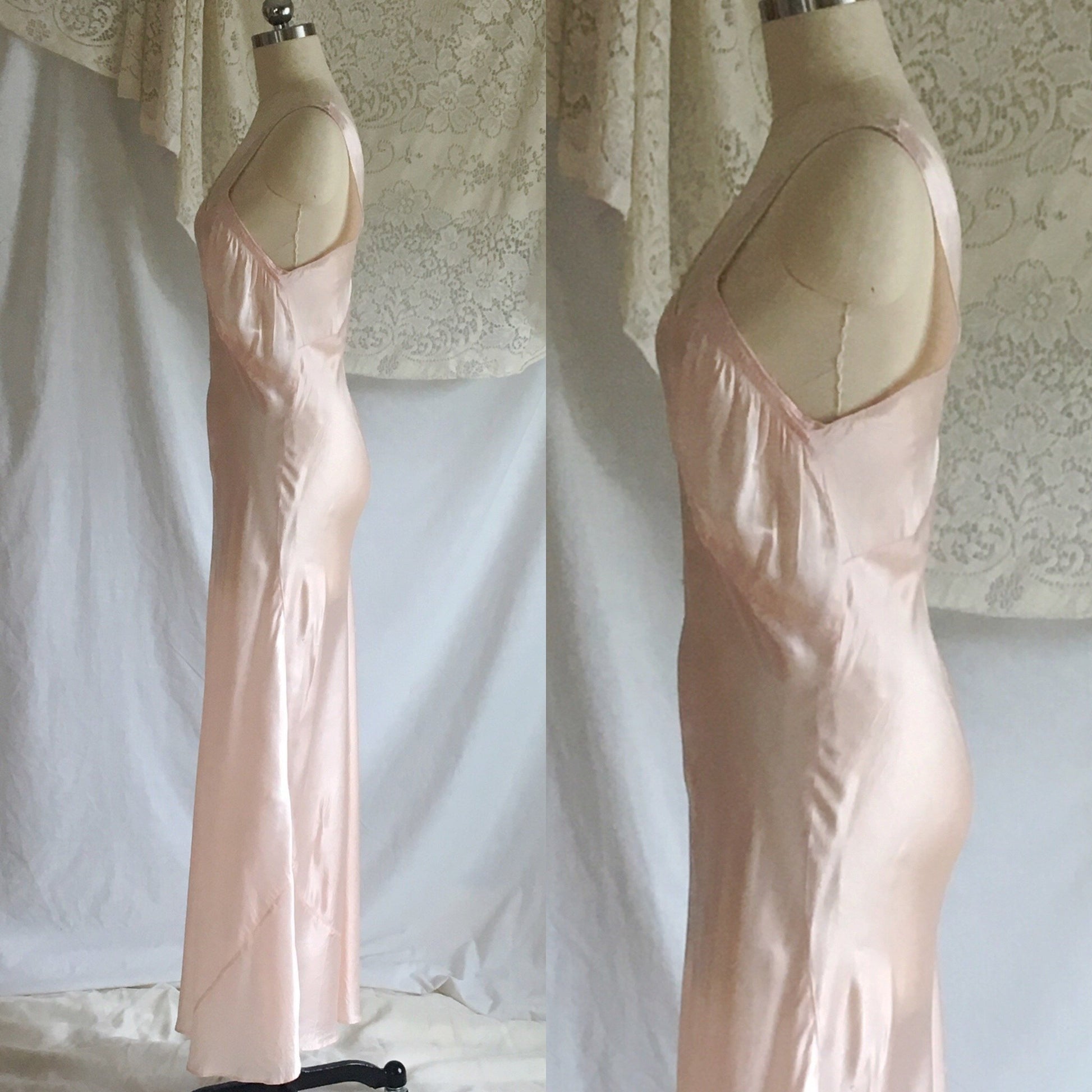 Vintage 1940's Nightgown | Light Pink Rayon Satin with Bias Cut and Lace | Artemis | Size S - Daggers & Dames