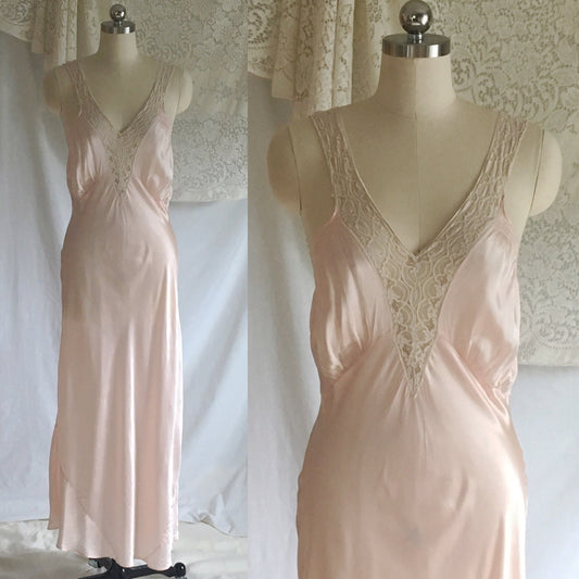 Vintage 1940's Nightgown | Light Pink Rayon Satin with Bias Cut and Lace | Artemis | Size S - Daggers & Dames
