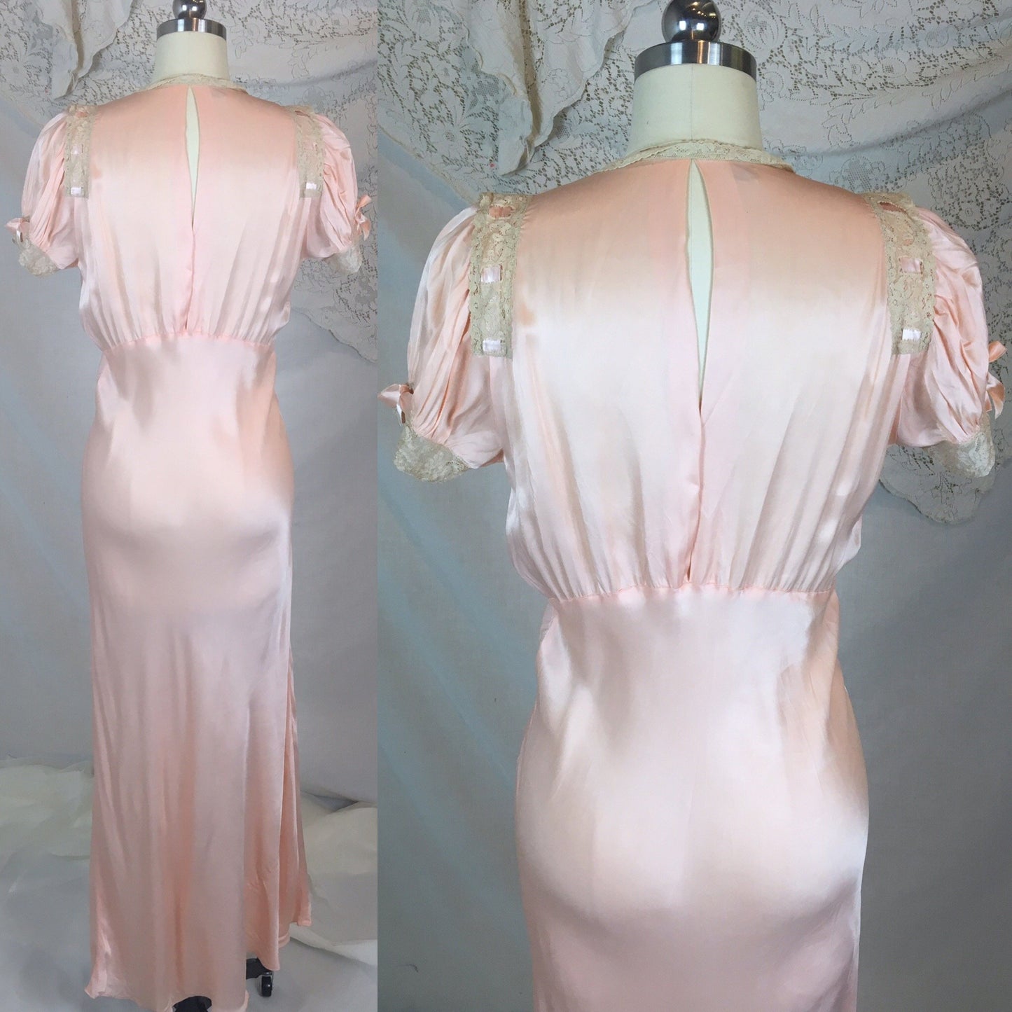Vintage 1940's Nightgown | Light Rose Rayon Satin with Woven Ribbon & Lace Yoke | Tru Form by Miss D Benay | Size SM, MED - Daggers & Dames