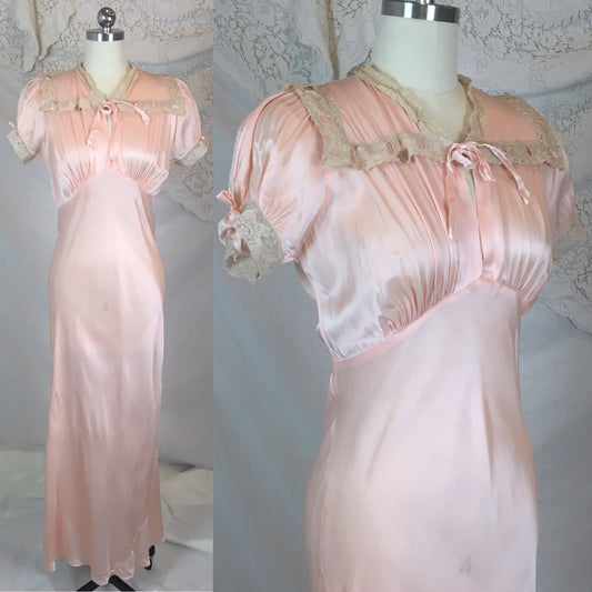 Vintage 1940's Nightgown | Light Rose Rayon Satin with Woven Ribbon & Lace Yoke | Tru Form by Miss D Benay | Size SM, MED - Daggers & Dames
