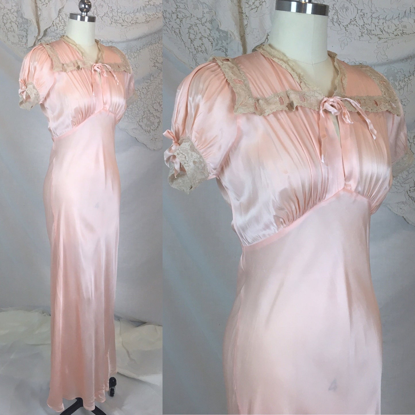 Vintage 1940's Nightgown | Light Rose Rayon Satin with Woven Ribbon & Lace Yoke | Tru Form by Miss D Benay | Size SM, MED - Daggers & Dames