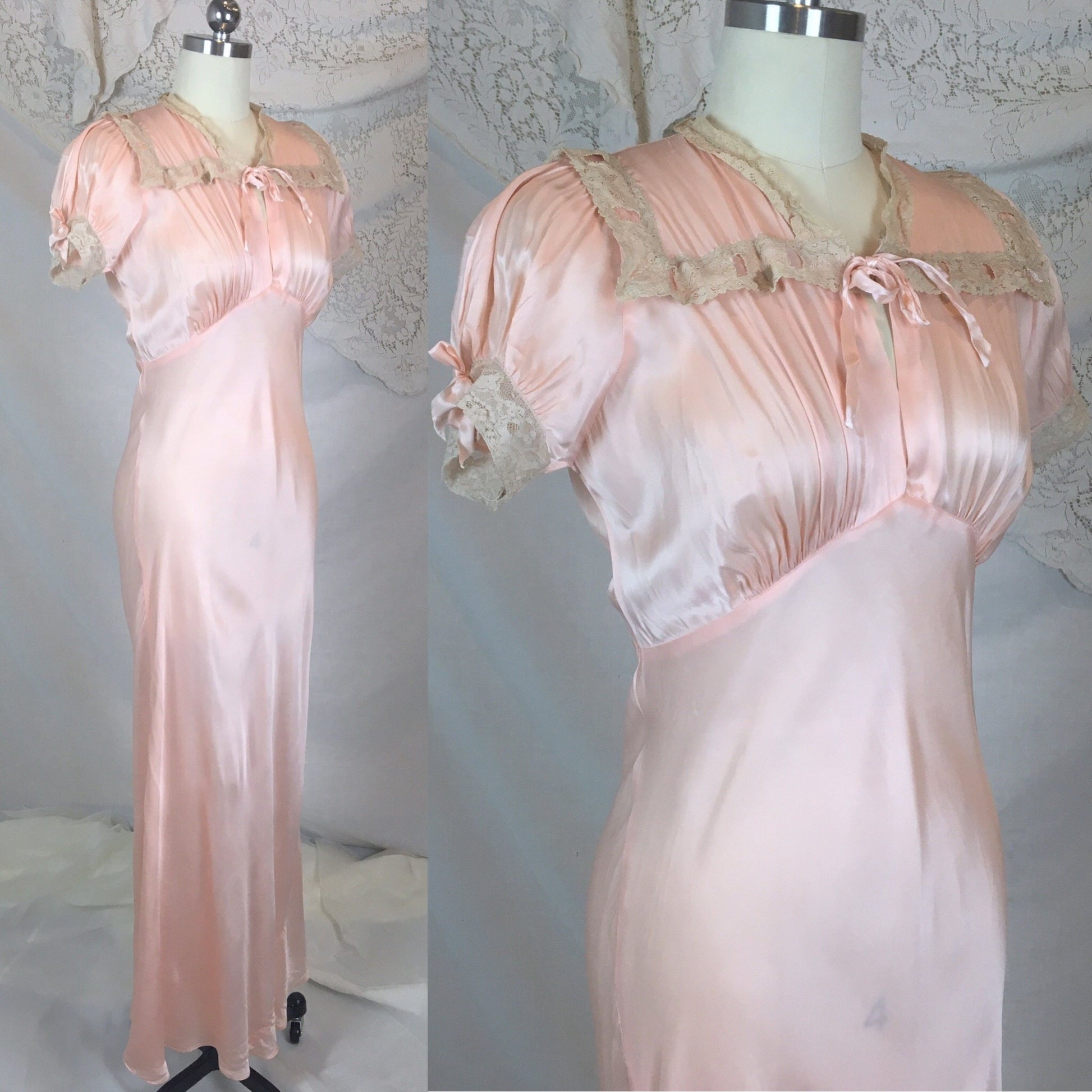Vintage 1940's Nightgown | Light Rose Rayon Satin with Woven Ribbon & Lace Yoke | Tru Form by Miss D Benay | Size SM, MED - Daggers & Dames