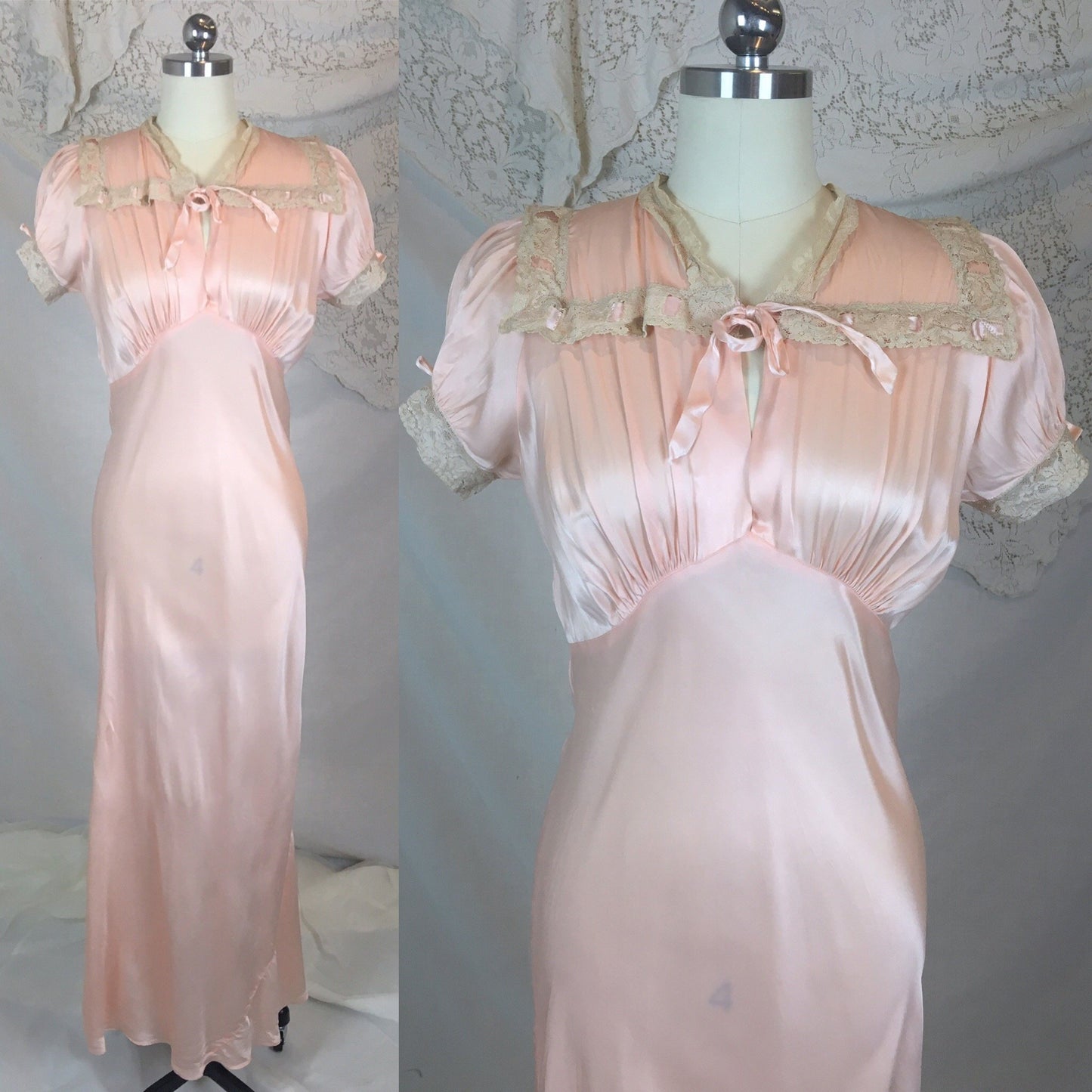 Vintage 1940's Nightgown | Light Rose Rayon Satin with Woven Ribbon & Lace Yoke | Tru Form by Miss D Benay | Size SM, MED - Daggers & Dames