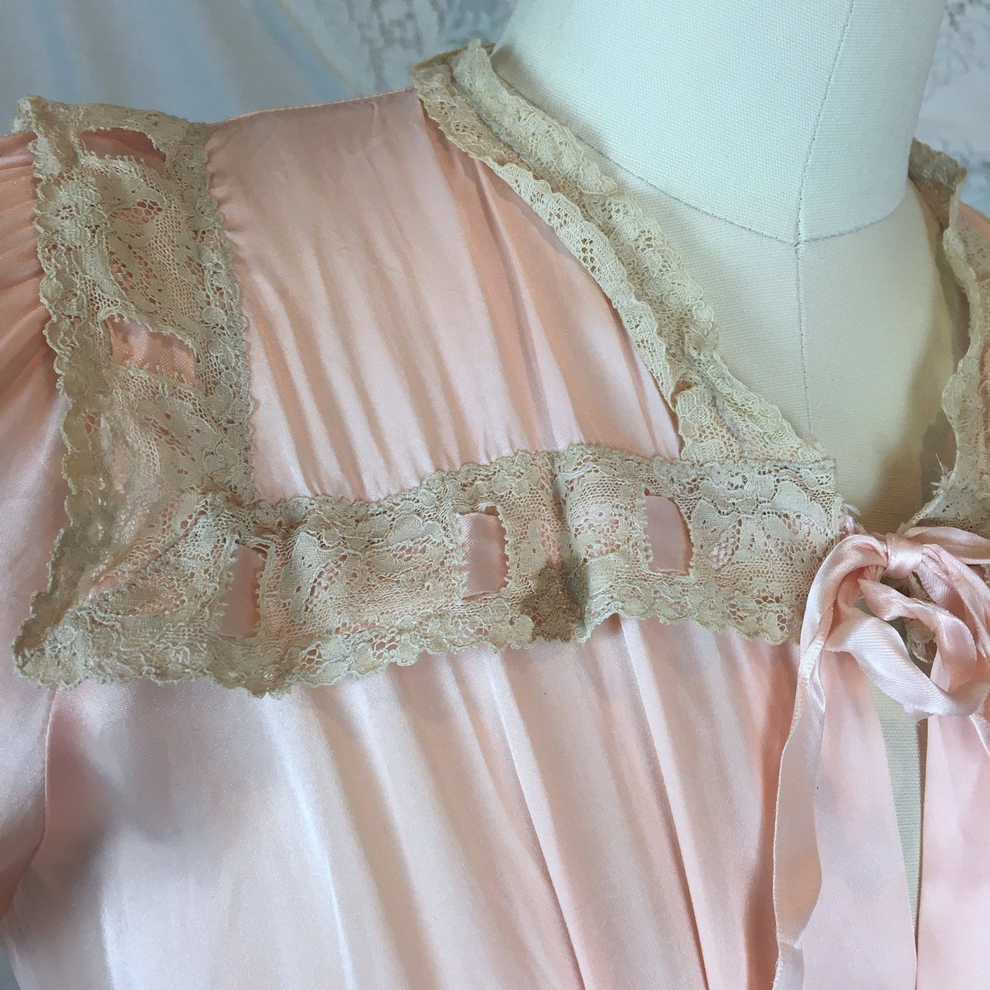 Vintage 1940's Nightgown | Light Rose Rayon Satin with Woven Ribbon & Lace Yoke | Tru Form by Miss D Benay | Size SM, MED - Daggers & Dames