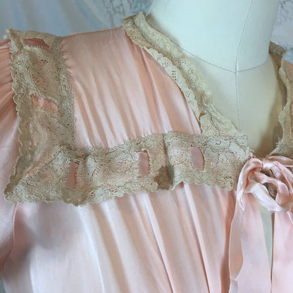Vintage 1940's Nightgown | Light Rose Rayon Satin with Woven Ribbon & Lace Yoke | Tru Form by Miss D Benay | Size SM, MED - Daggers & Dames