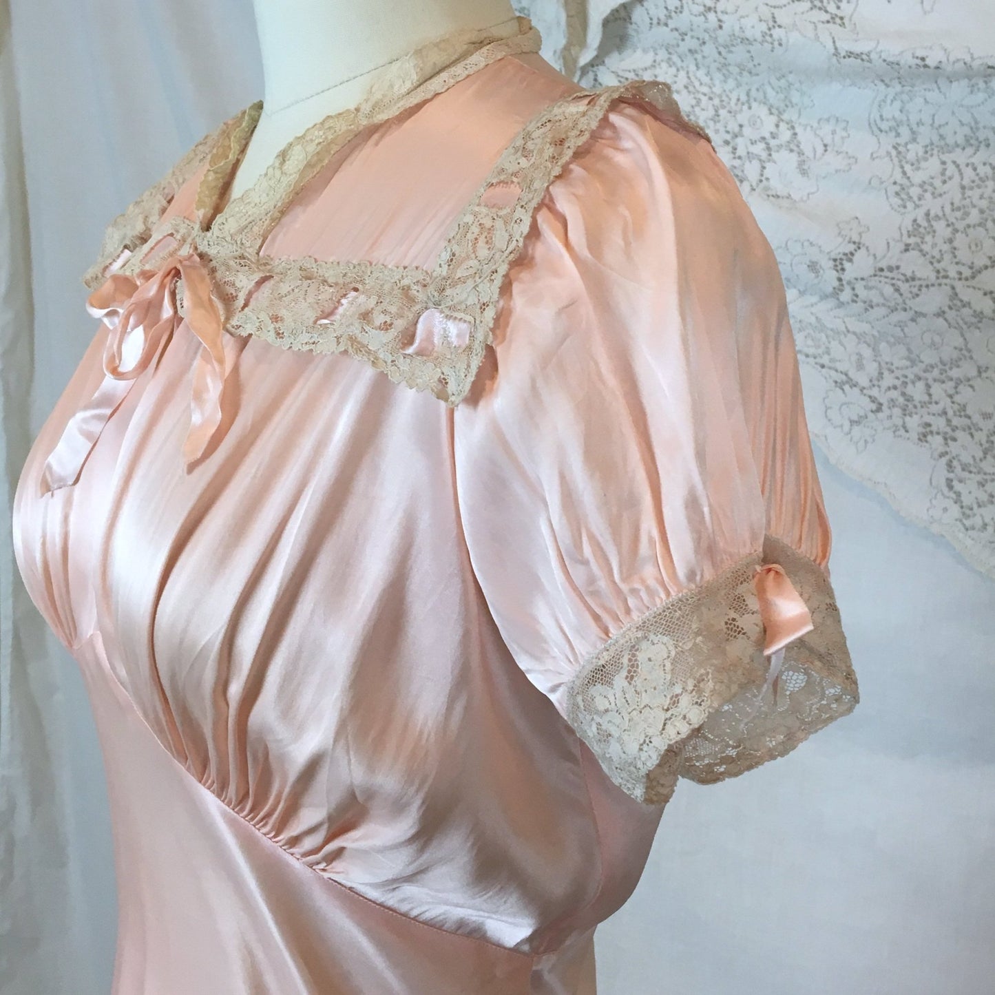 Vintage 1940's Nightgown | Light Rose Rayon Satin with Woven Ribbon & Lace Yoke | Tru Form by Miss D Benay | Size SM, MED - Daggers & Dames