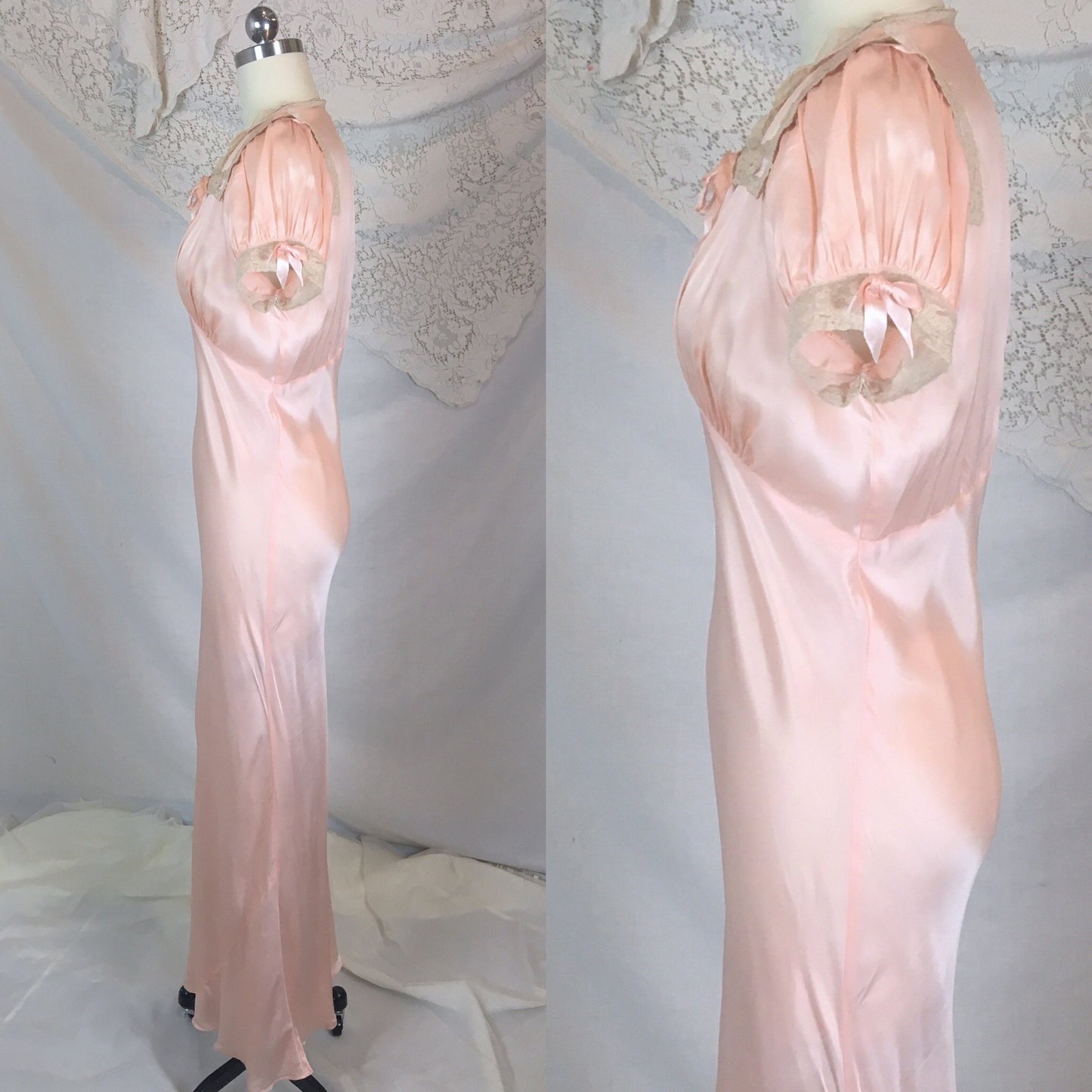 Vintage 1940's Nightgown | Light Rose Rayon Satin with Woven Ribbon & Lace Yoke | Tru Form by Miss D Benay | Size SM, MED - Daggers & Dames