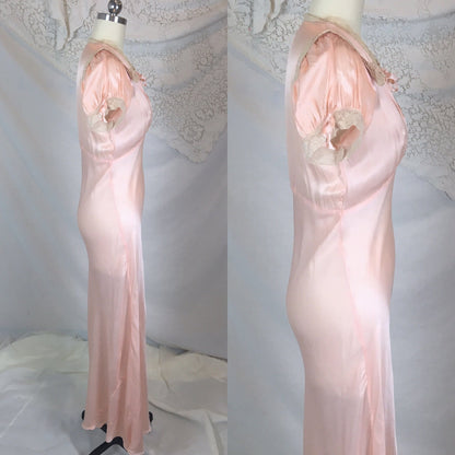 Vintage 1940's Nightgown | Light Rose Rayon Satin with Woven Ribbon & Lace Yoke | Tru Form by Miss D Benay | Size SM, MED - Daggers & Dames